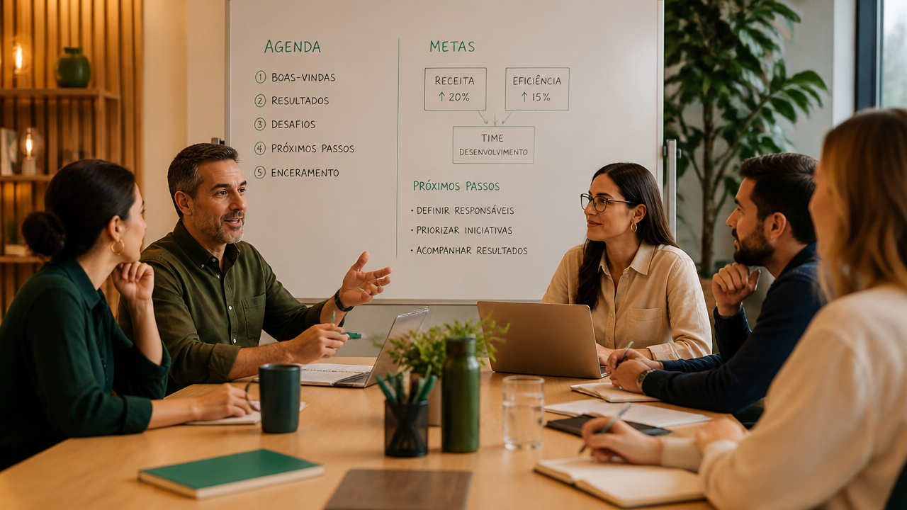 Encontro de mastermind com agenda e metas em grupo de networking