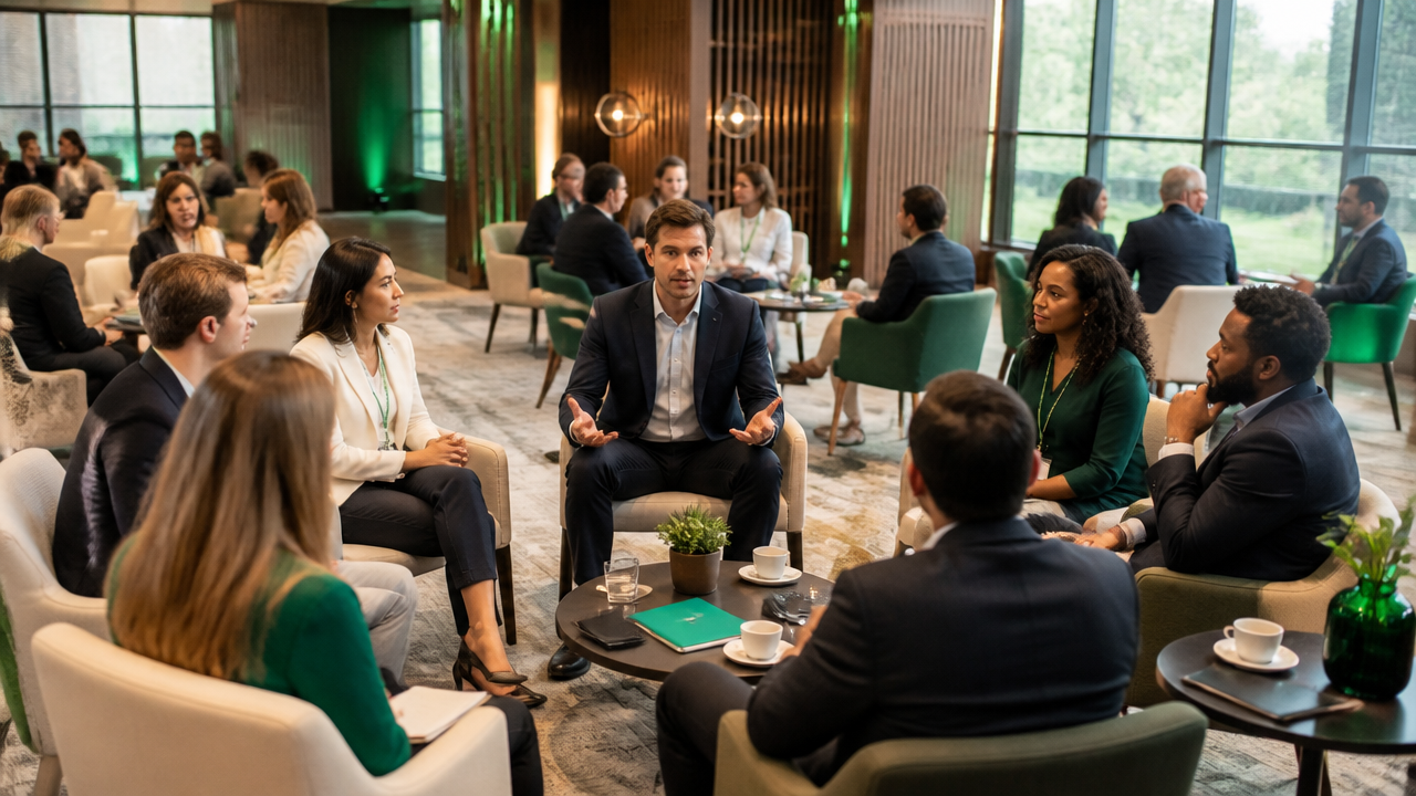 Encontro executivo de mentoria com profissionais em ambiente premium, trocando experiências e aprendizados presenciais.