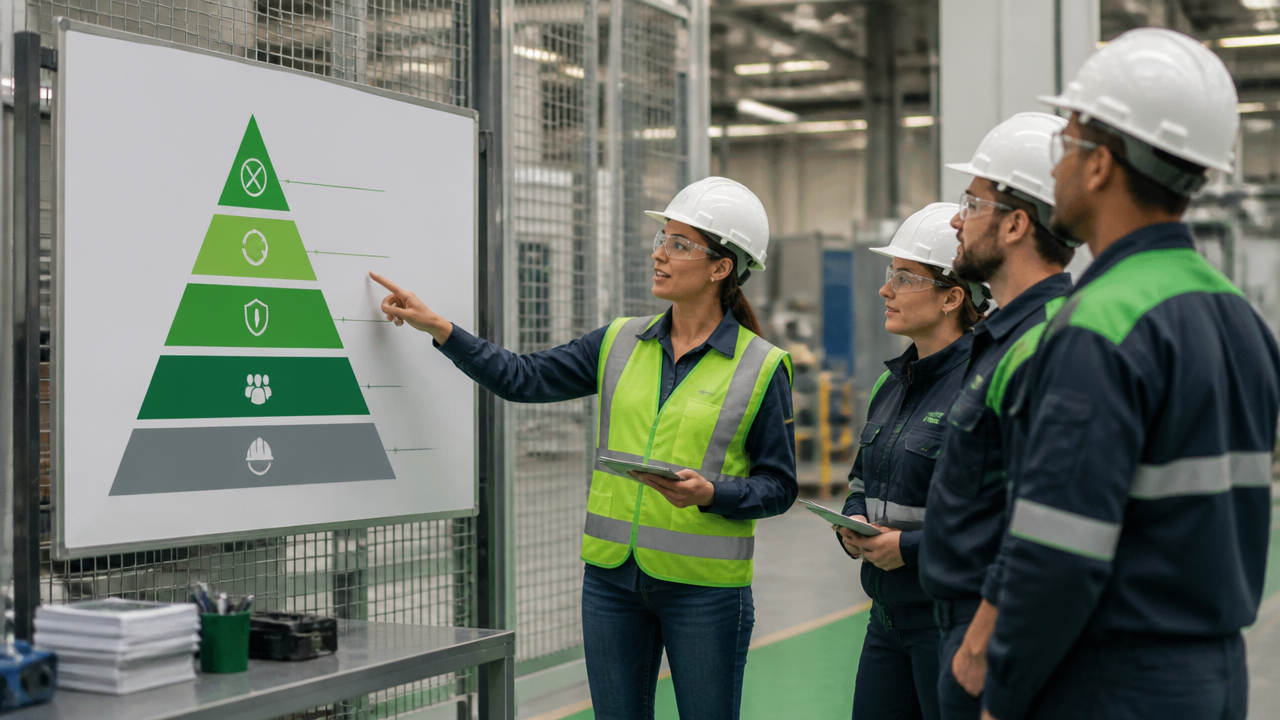 Engenheira de segurança apresentando a hierarquia de controles em ambiente industrial