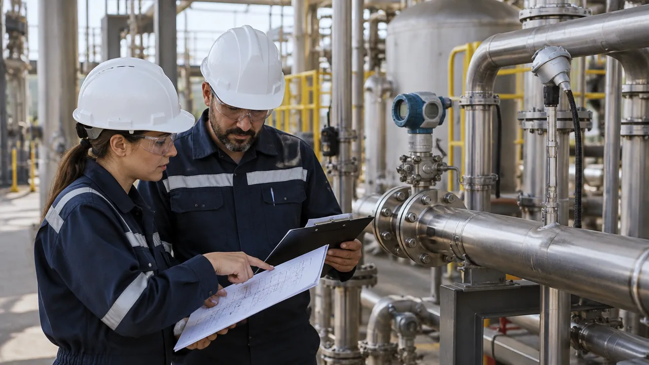 Engenheira e técnico avaliam instrumentos de processo e documentação para definir prioridades de calibração
