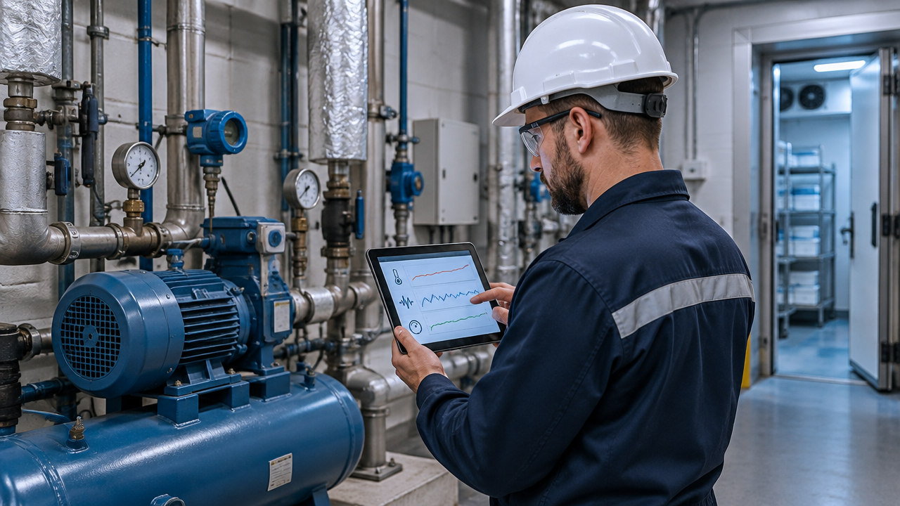 Engenheiro consulta dados de pressão, temperatura e vibração em uma sala de equipamentos críticos