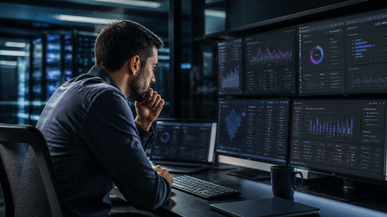 Engenheiro de operações analisando alertas e dashboards de Kubernetes em ambiente de cloud.