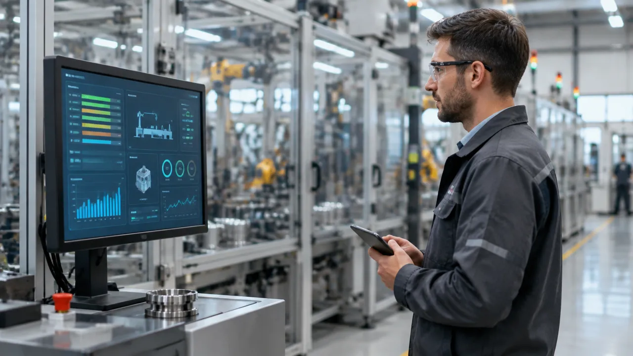 Engenheiro de produção consulta dados de execução em um monitor no chão de fábrica