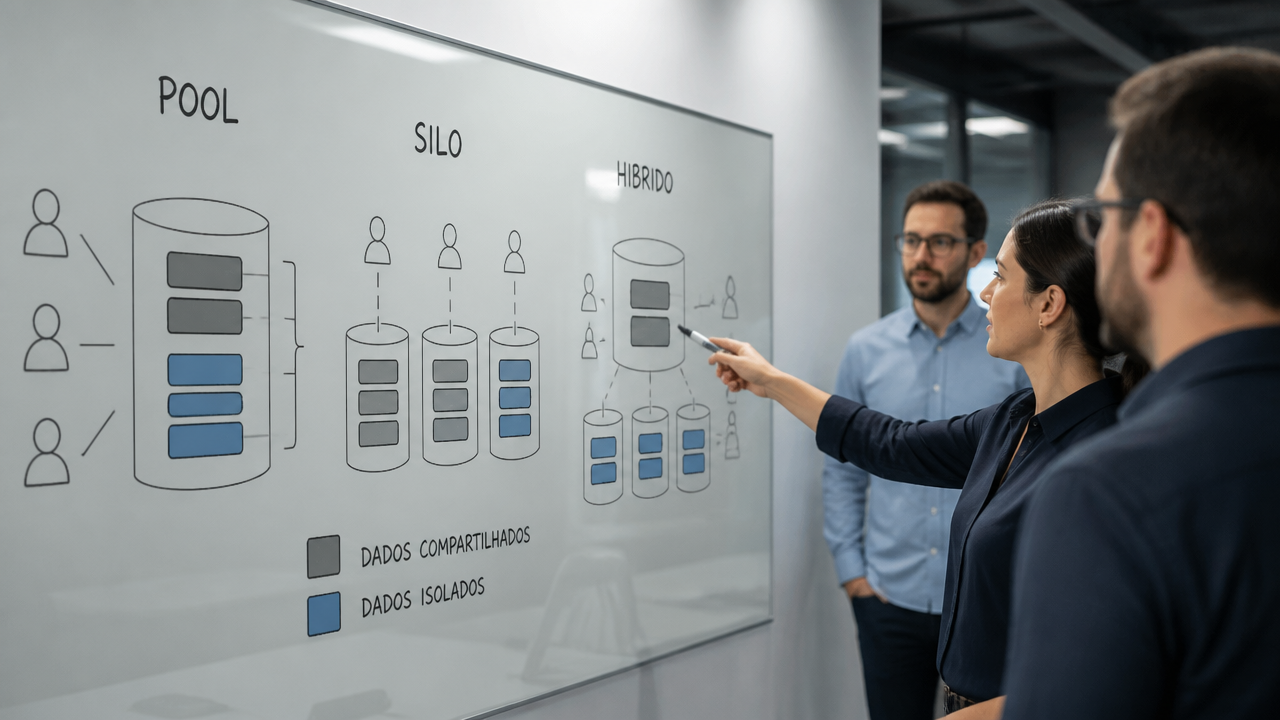 Engenheiros comparando modelos de isolamento de dados multi-tenant em um quadro de vidro.