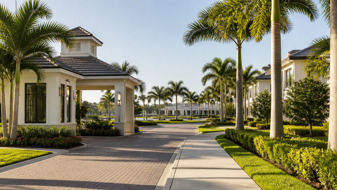 Entrada de condomínio organizado de casas de temporada, com paisagismo e sensação de segurança perto de Orlando
