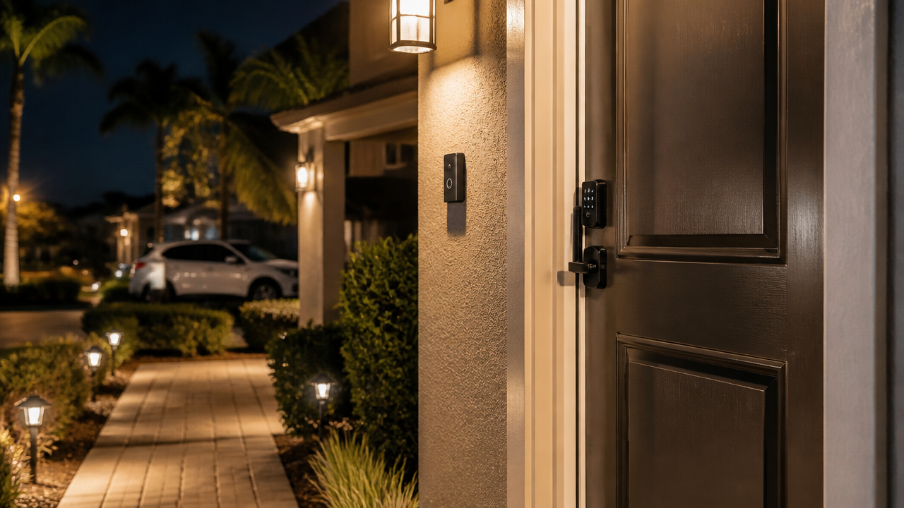 Entrada iluminada de casa de temporada em Orlando com acesso noturno seguro.