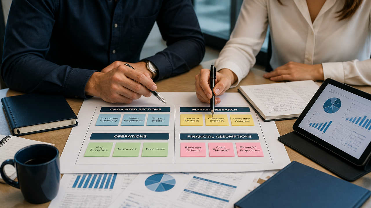 Entrepreneur and advisor organizing a business planning framework with financial documents