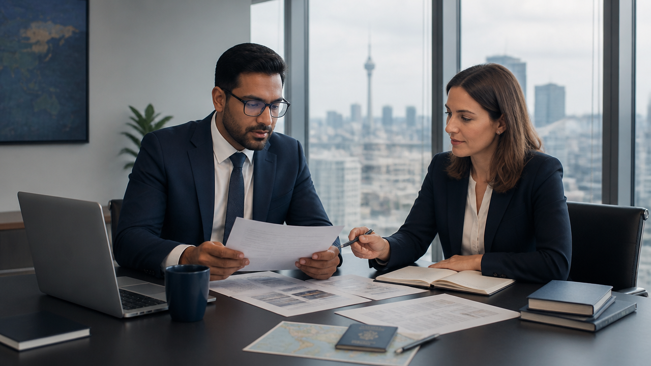 Entrepreneur reviewing business immigration plan with a consultant in a modern office