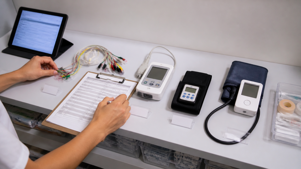 Equipamentos de ECG, Holter e MAPA organizados com checklist e agenda digital