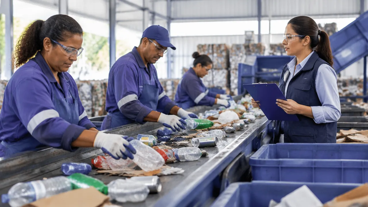 Equipe acompanha a separação de materiais recicláveis em uma cooperativa organizada