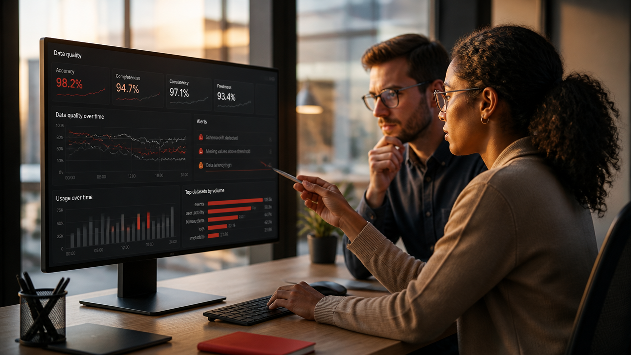 Equipe acompanhando qualidade de dados e métricas de IA em um produto SaaS