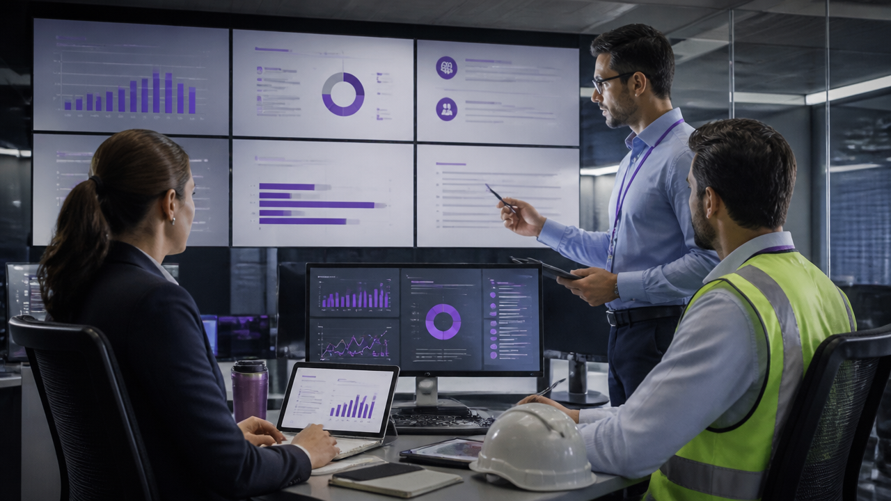 Equipe analisa dashboard de segurança do trabalho e riscos psicossociais