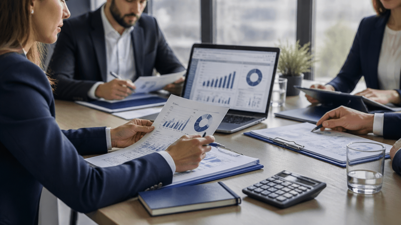 Equipe analisa documentos e sistemas em reunião sobre compliance tributário e reforma tributária.