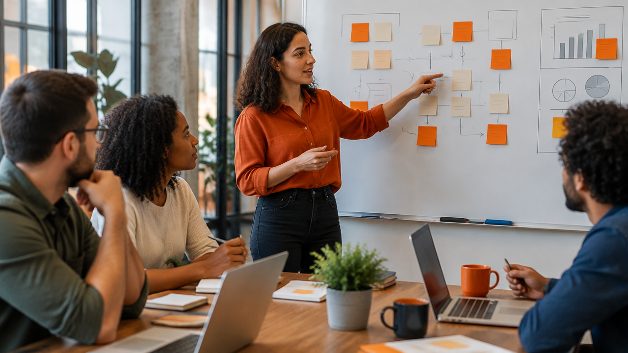 Equipe analisa exemplos observáveis de colaboração em uma reunião de trabalho