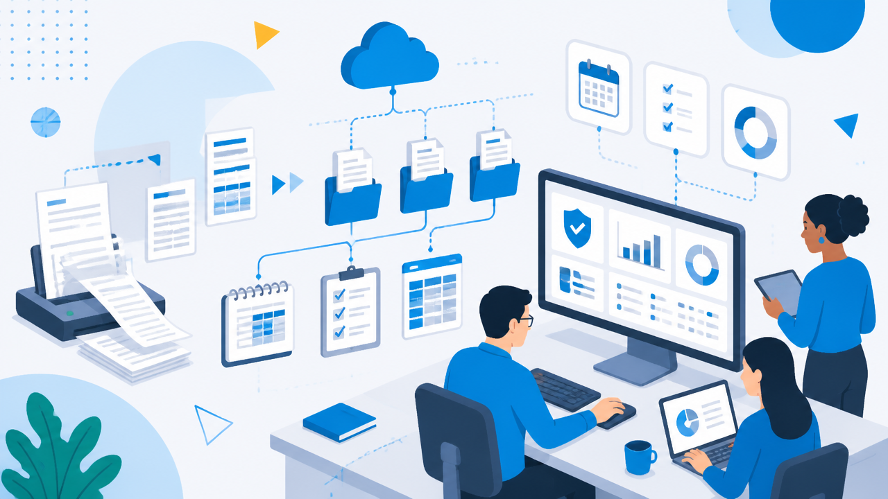 Equipe analisando a gestão fiscal digital com arquivos eletrônicos e painel de controle