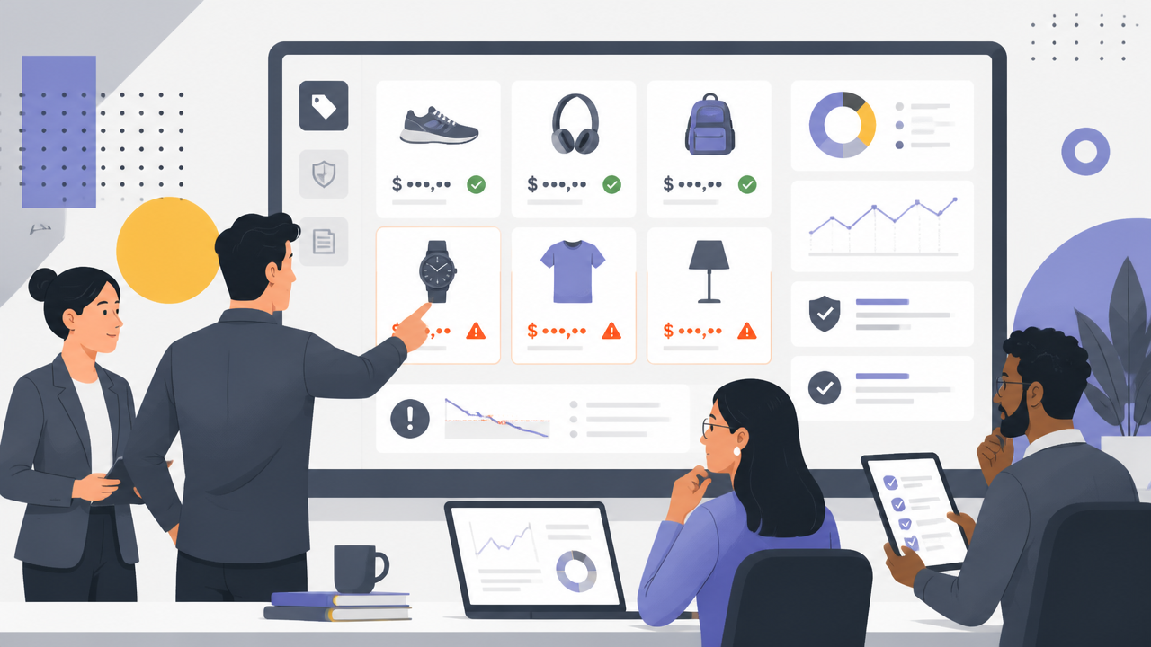 Equipe analisando anúncios de revendedores e identificando ofertas abaixo da política comercial em um painel digital.
