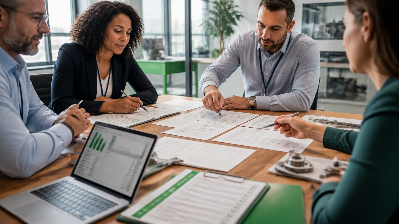 Equipe analisando critérios de homologação e desempenho de fornecedores em reunião corporativa