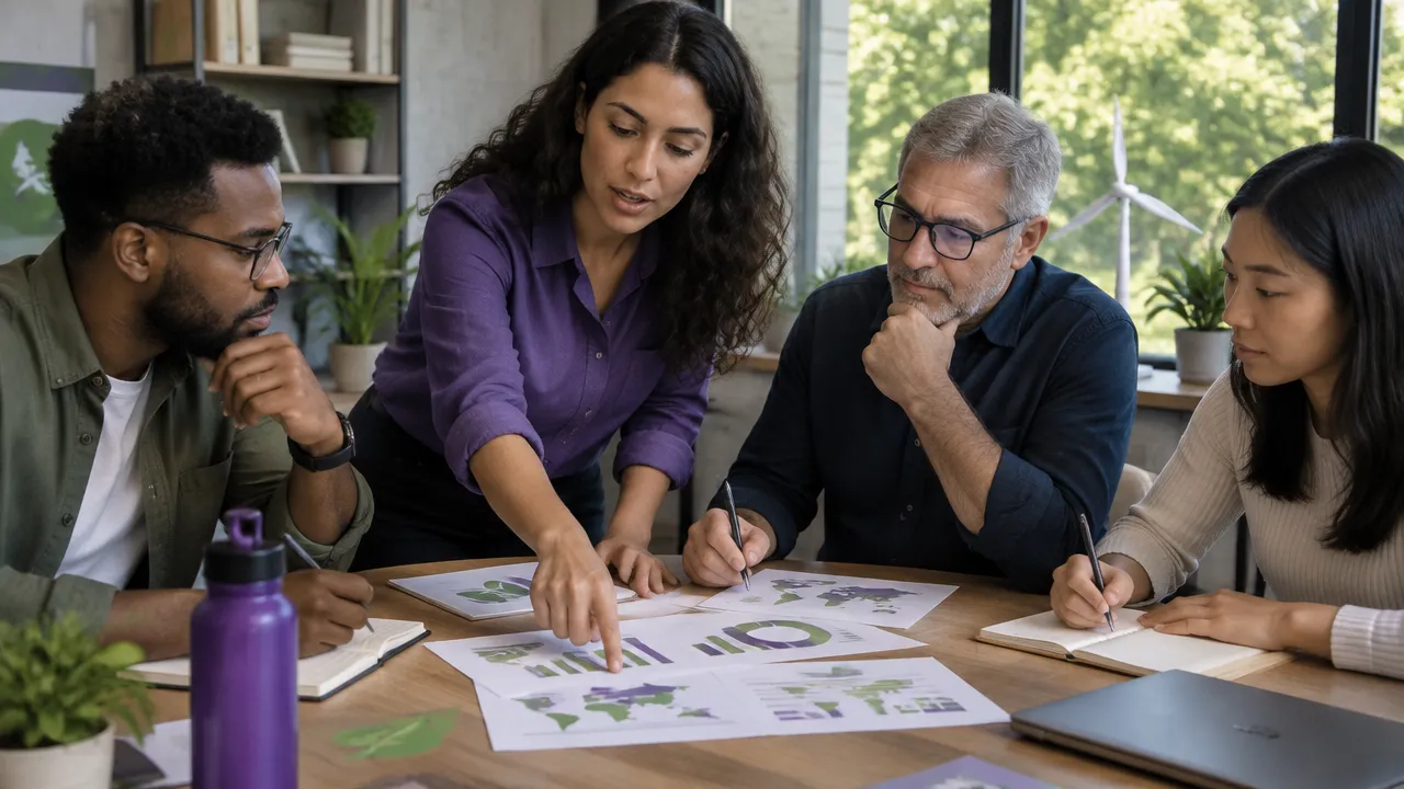 Equipe analisando indicadores e metas socioambientais em uma reunião de trabalho colaborativa