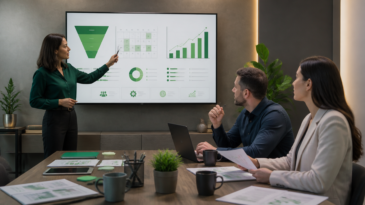 Equipe analisando indicadores e processos em uma reunião estratégica de mentoria