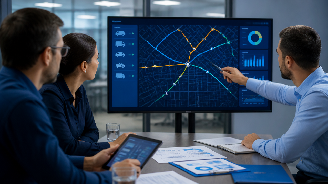 Equipe analisando mapa digital com rotas e indicadores operacionais para reduzir custos.