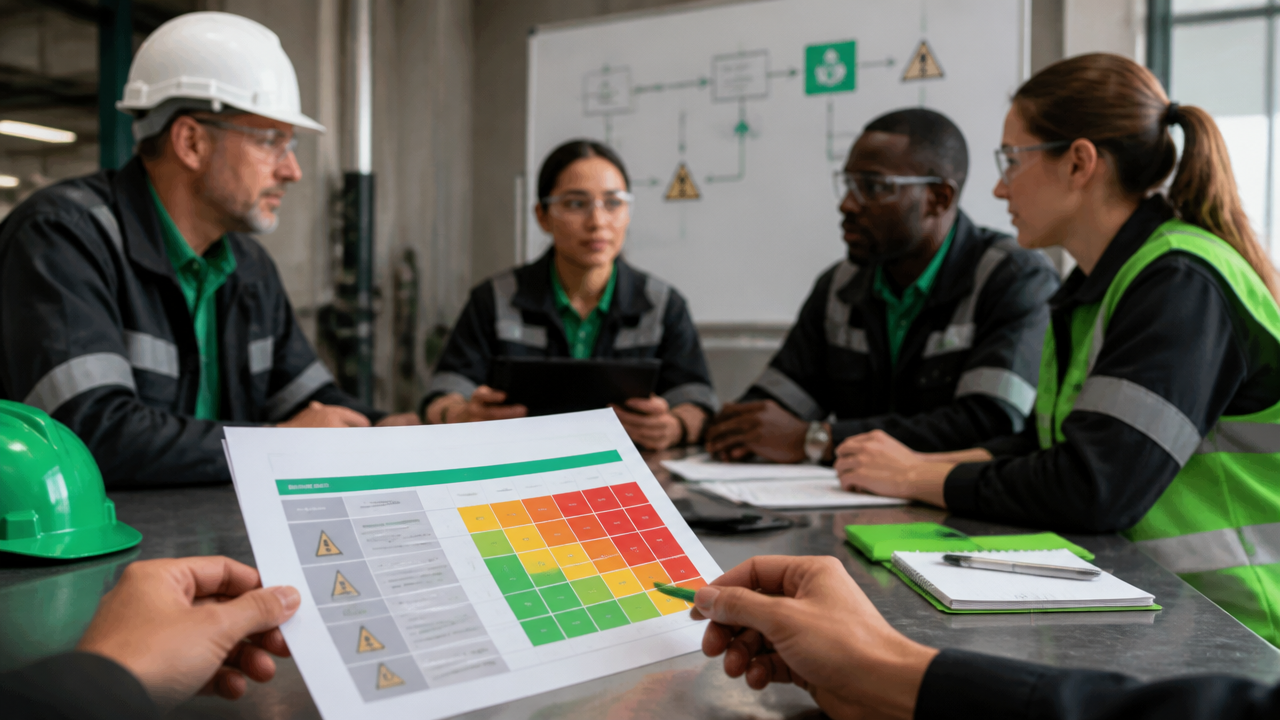 Equipe analisando matriz de riscos e medidas de controle em ambiente industrial e corporativo