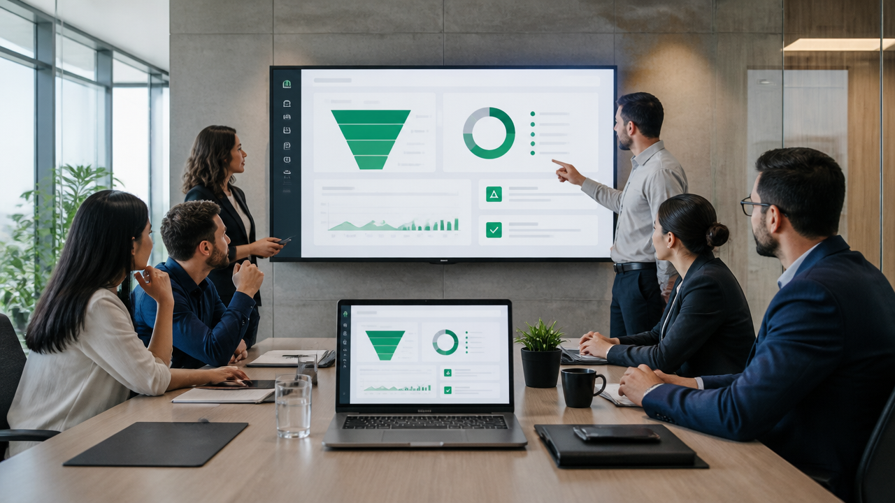 Equipe analisando painel digital de CRM e automação de processos em escritório moderno