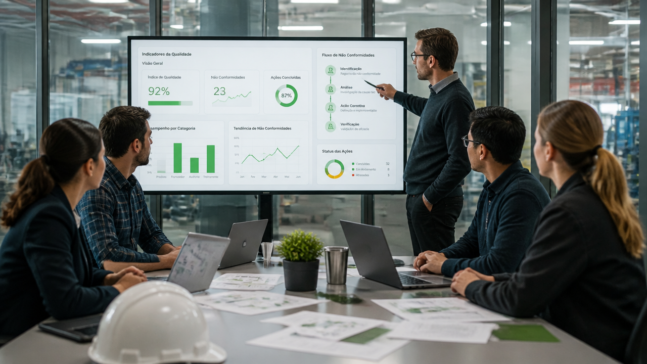 Equipe analisando painel digital de gestão da qualidade em ambiente corporativo moderno