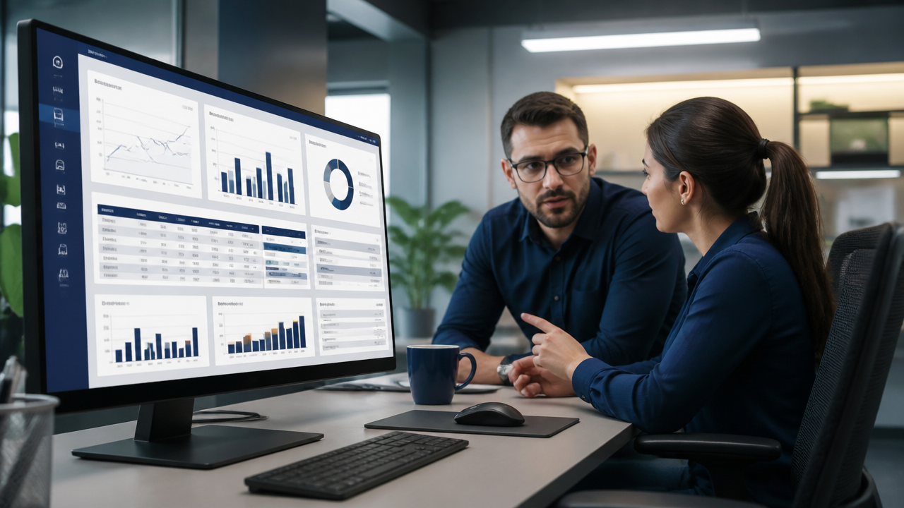 Equipe analisando painel integrado de finanças, estoque e vendas em um sistema de gestão.