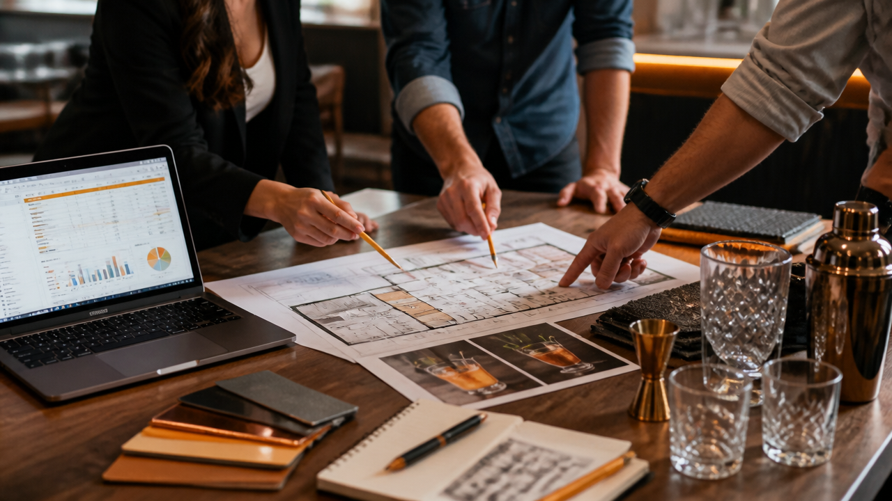 Equipe analisando planejamento, custos e conceito para abrir um bar