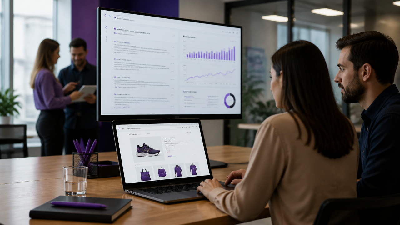 Equipe analisando SEO de e-commerce com respostas de busca por IA em telas