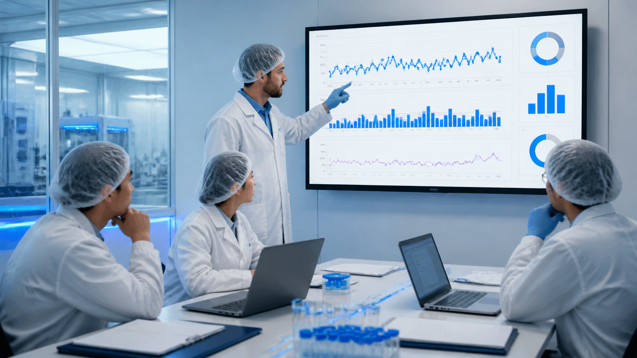 Equipe analisando tendências de risco e alertas preditivos para sala limpa