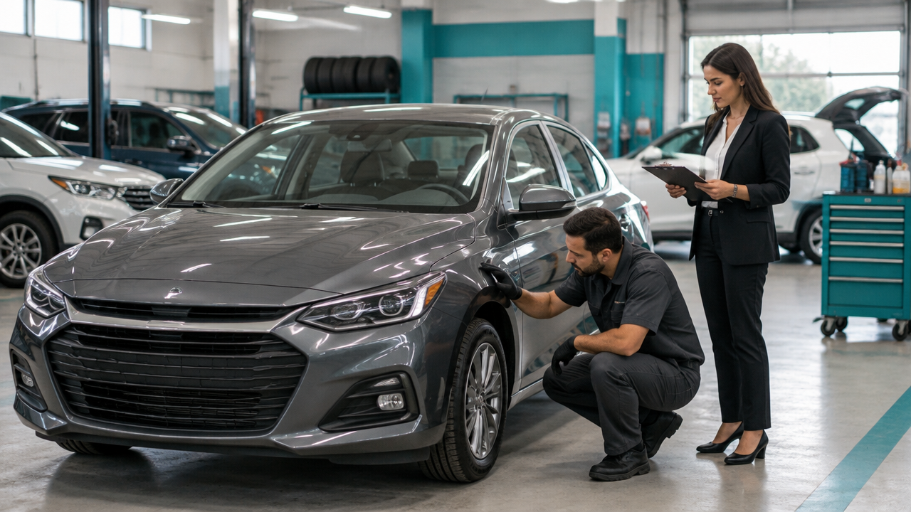 Equipe avalia e prepara um carro usado antes de colocá-lo à venda