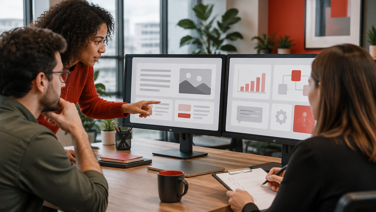 Equipe avaliando resultados de ferramentas de IA generativa com um teste prático para uma necessidade empresarial.