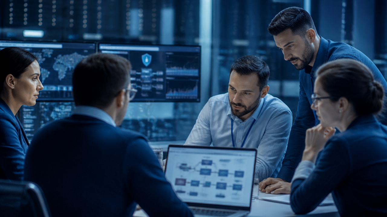 Equipe avaliando segurança, qualidade de dados e controles em uma automação crítica com IA