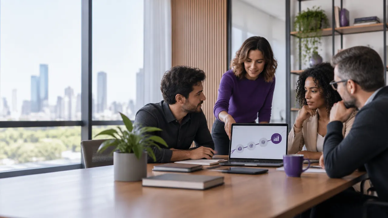 Equipe B2B analisa conteúdo e oportunidades comerciais em uma reunião
