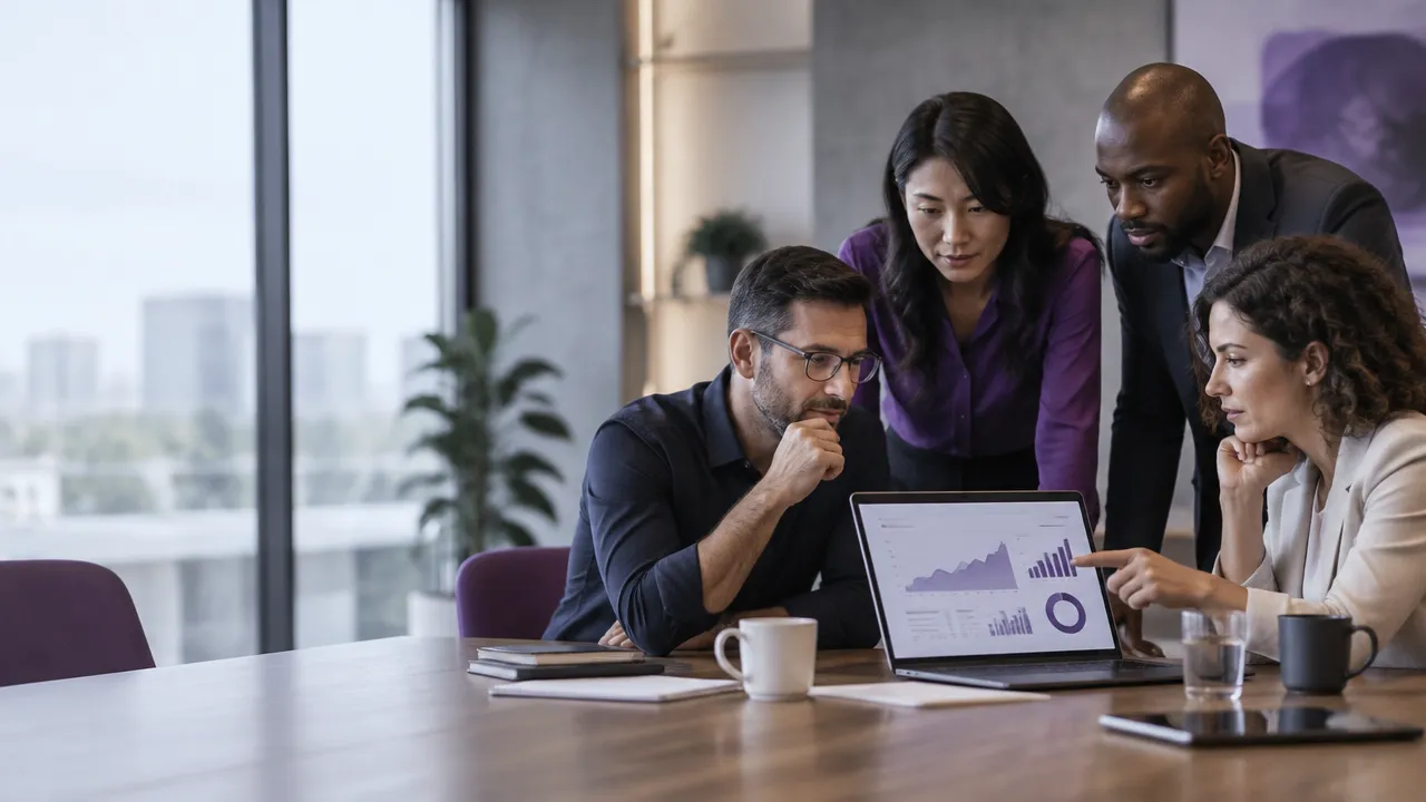 Equipe B2B analisando dados de SEO e conteúdo em uma reunião de marketing