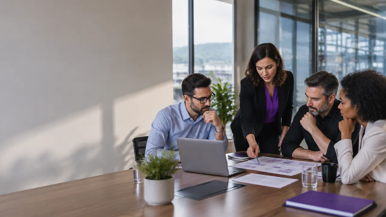 Equipe B2B comparando propostas de marketing em uma reunião de decisão
