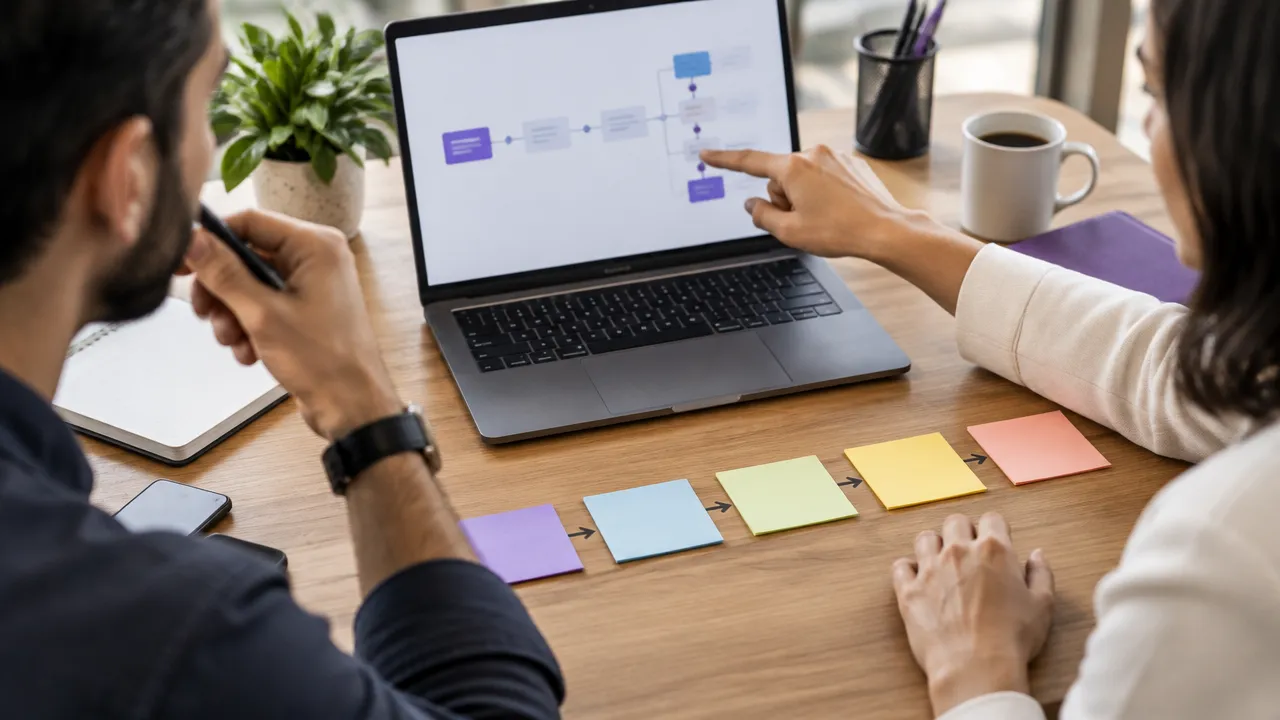 Equipe B2B organizando etapas de uma sequência de nutrição por e-mail