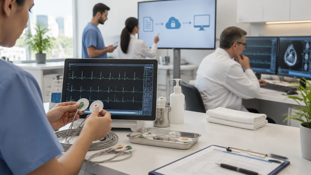 Equipe clínica confere a qualidade de um ECG e acompanha o fluxo digital até a revisão médica