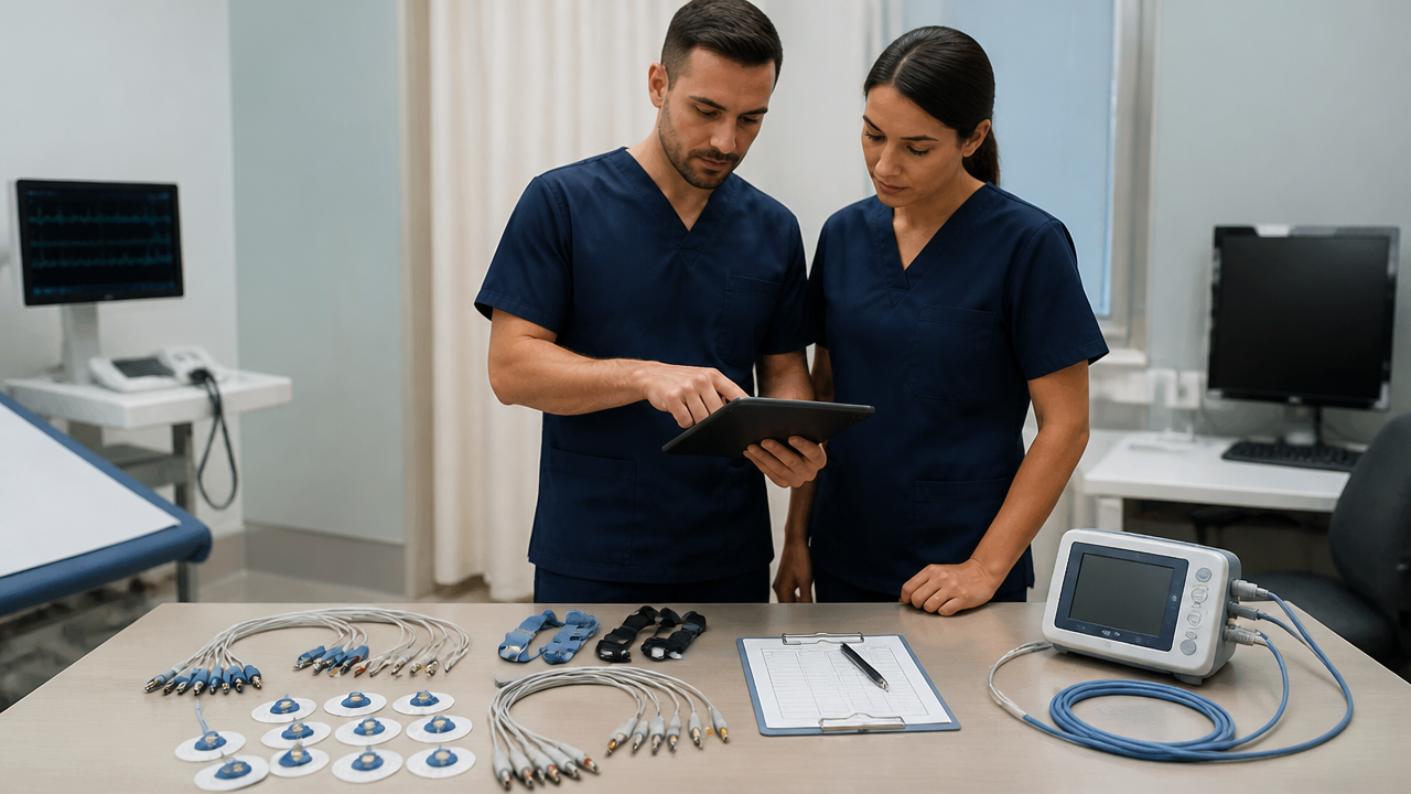 Equipe clínica revisando preparo de ECG e Holter para evitar falhas operacionais