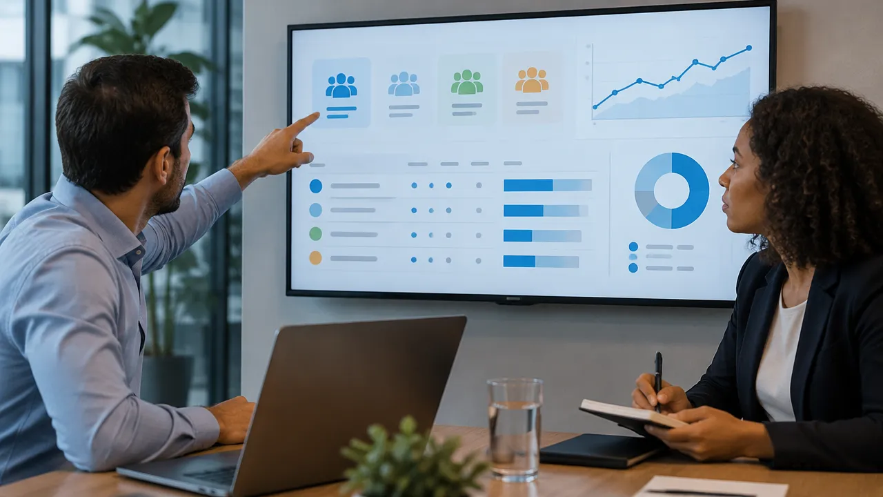 Equipe comercial analisa segmentos de clientes e sinais de risco em um painel de dados