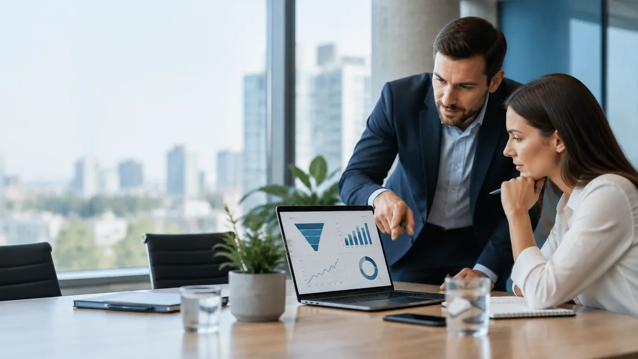 Equipe comercial analisando indicadores e gráficos de vendas em um laptop numa reunião