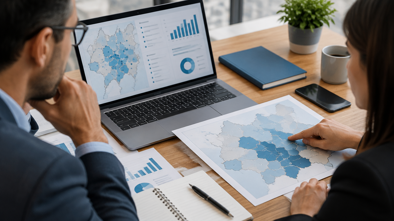 Equipe comercial cruza dados geográficos e informações de empresas para priorizar territórios de prospecção