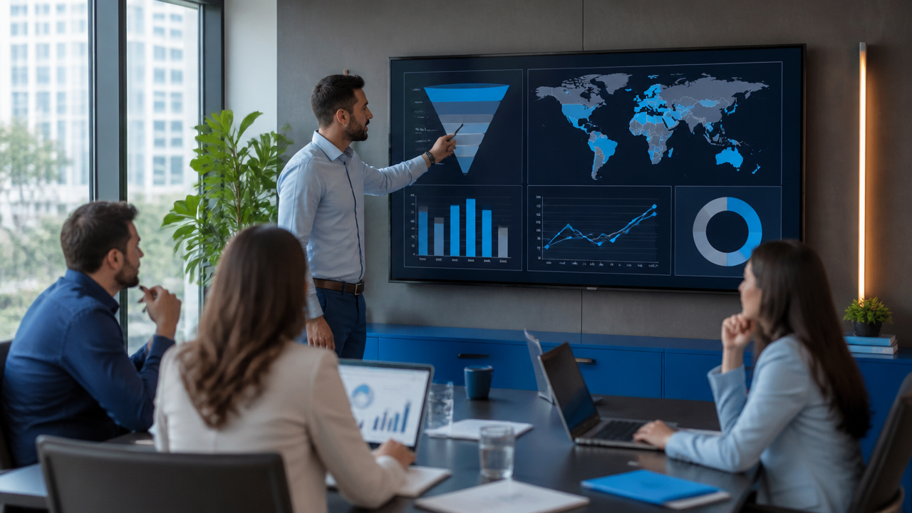 Equipe comercial definindo prioridades a partir de dashboards e funil de vendas