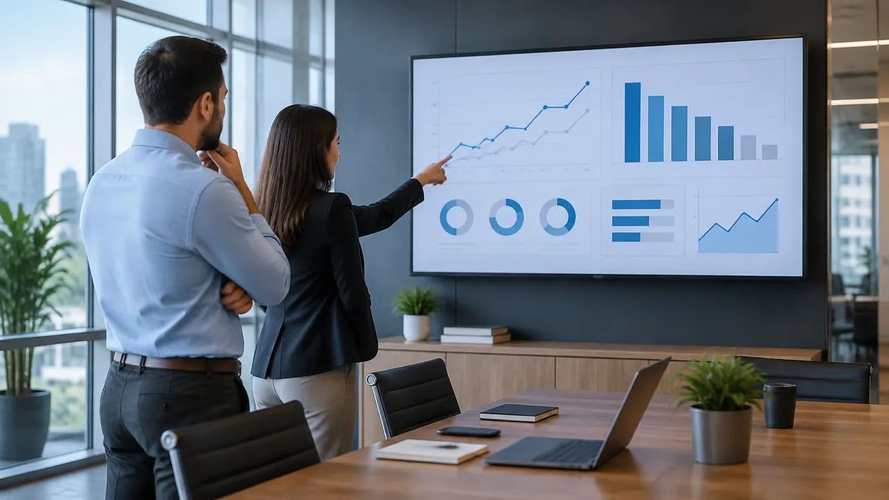 Equipe comercial revisando um painel com metas, resultados e etapas do funil