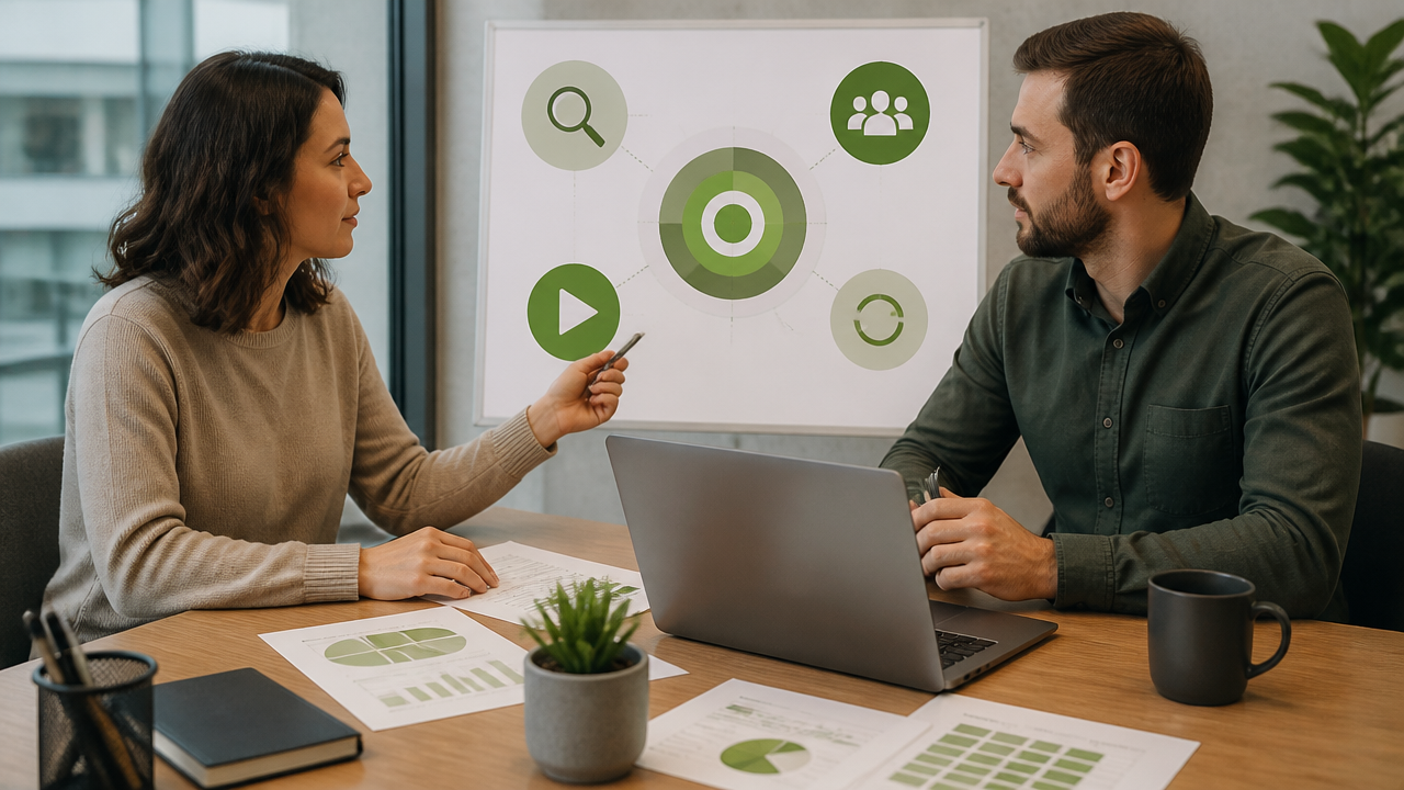 Equipe comparando canais de anúncios e planejando a distribuição de investimento entre plataformas.