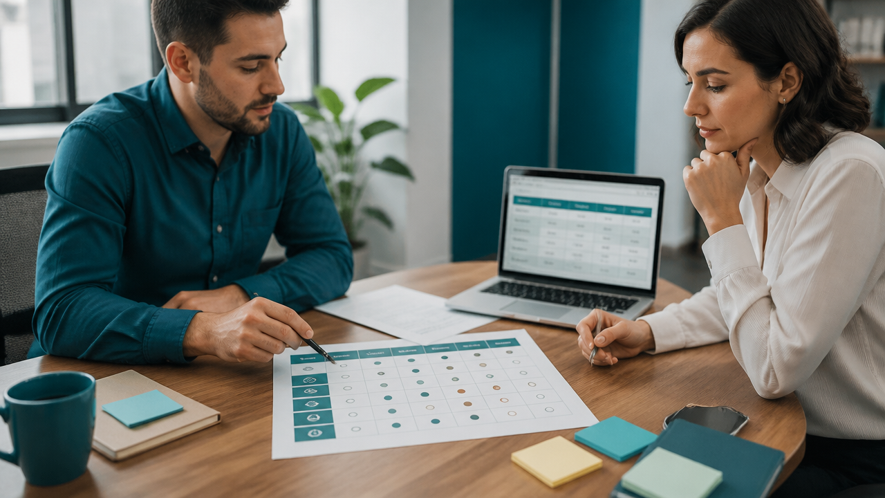 Equipe comparando critérios de uma plataforma para vender cursos online com planilha e checklist