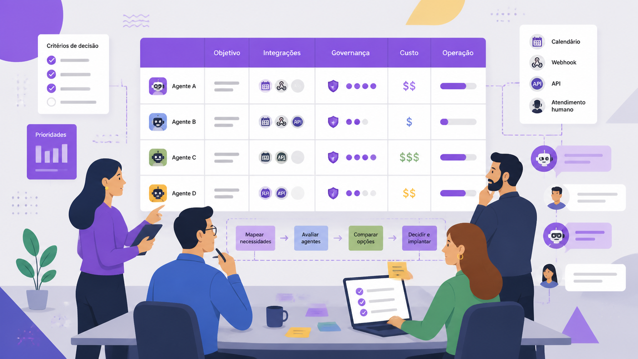 Equipe comparando critérios para escolher um agente de inteligência artificial para a empresa
