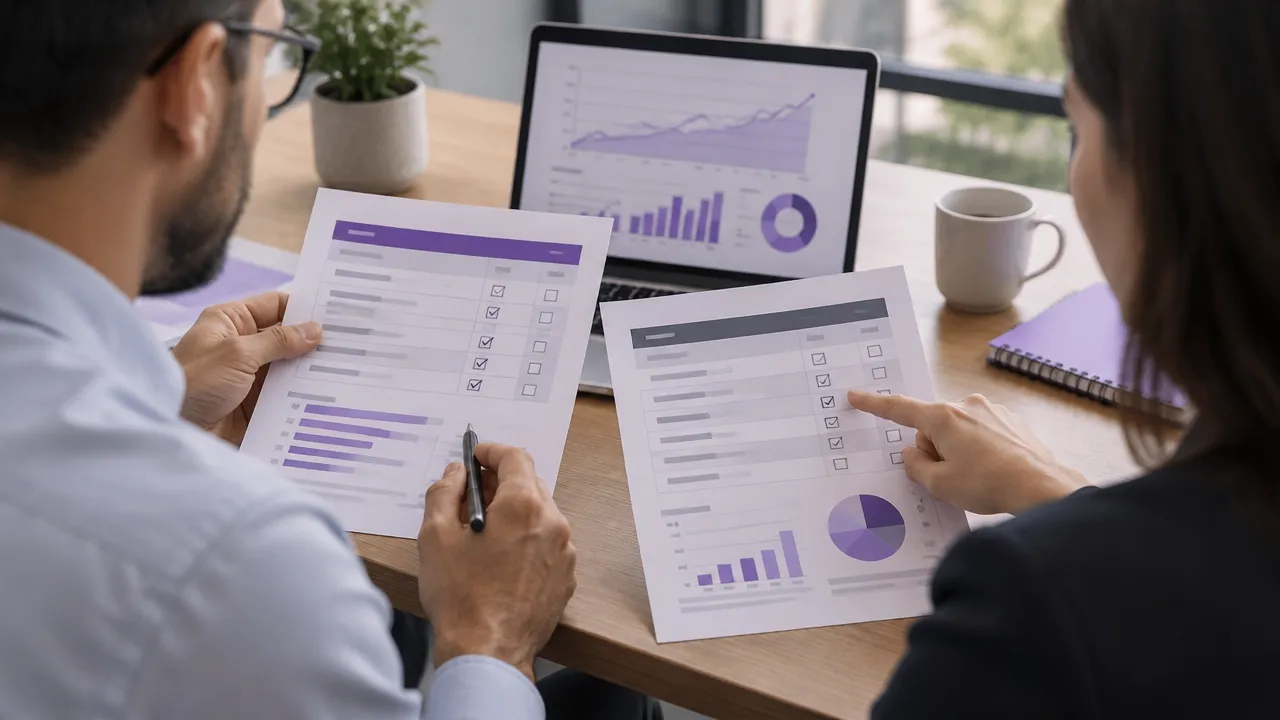 Equipe comparando escopos, entregáveis e métricas em duas propostas de SEO