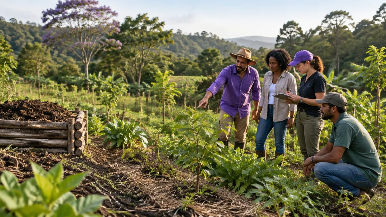 Equipe comunitária avaliando cultivos diversos e recuperação do solo em uma propriedade agroflorestal